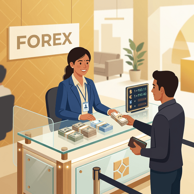 Currency exchange counter at Stuti Forex, Dwarka